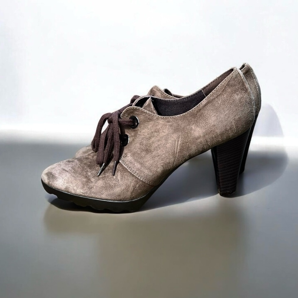 🌻JHAY Brown Mirco Suede Heeled Lace-up Loafers Size 9.5